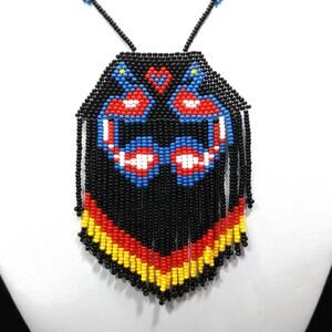 Vintage Beaded Necklace Black Red Blue Yellow Birds Heart Fringe Pendant 24”